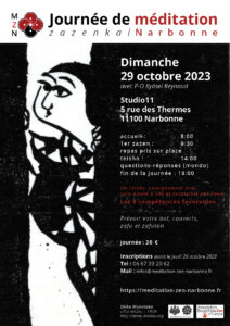 Journée de méditation zen, Zazenkai, le 29 10 2023 avec un teisho, enseignement oral de maître Pascal-Olivier Kyosei Reynaud