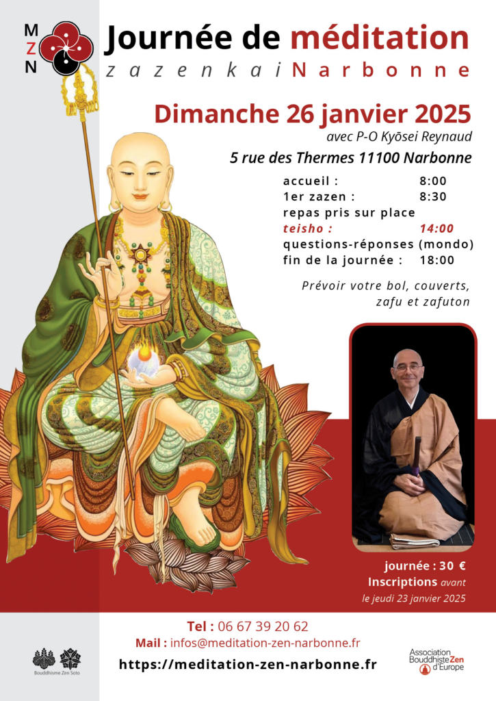 Journée de méditation zen à Narbonne, Zazenkai, le 26 01 2025 avec Pascal-Olivier Kyosei Reynaud